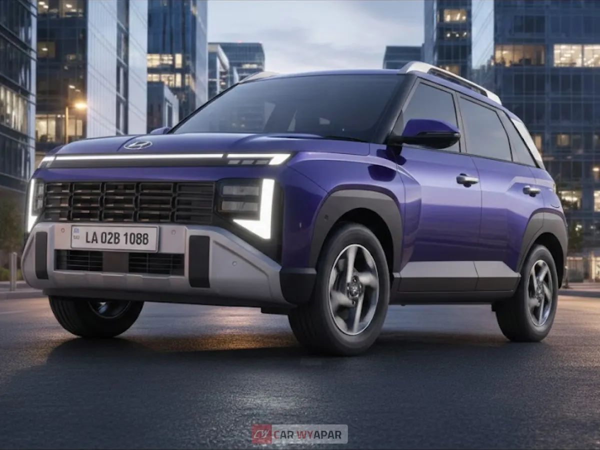 Front view of the 2025 Hyundai Venue in Titan Grey, showcasing the new dark chrome radiator grille, quad-beam LED headlamps, and L-shaped LED DRLs.
